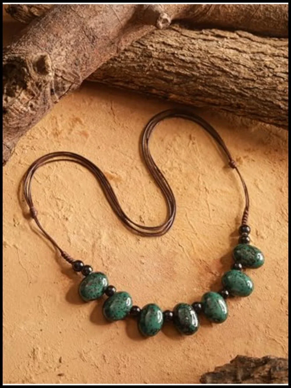 Bohemian Ceramic Beaded Strand Necklace Adjustable Sliding Cord